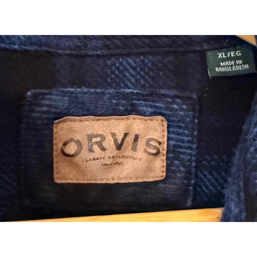 Orvis Mens XL Blue Black Plaid Flannel Shirt Jacket Heavyweight Cotton Shacket